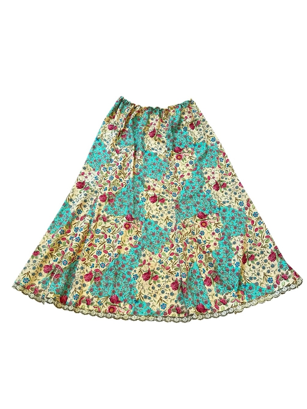 Vintage Cottagecore Floral Midi Skirt Lace Trim Flowy Fairy Feminine Bohemian